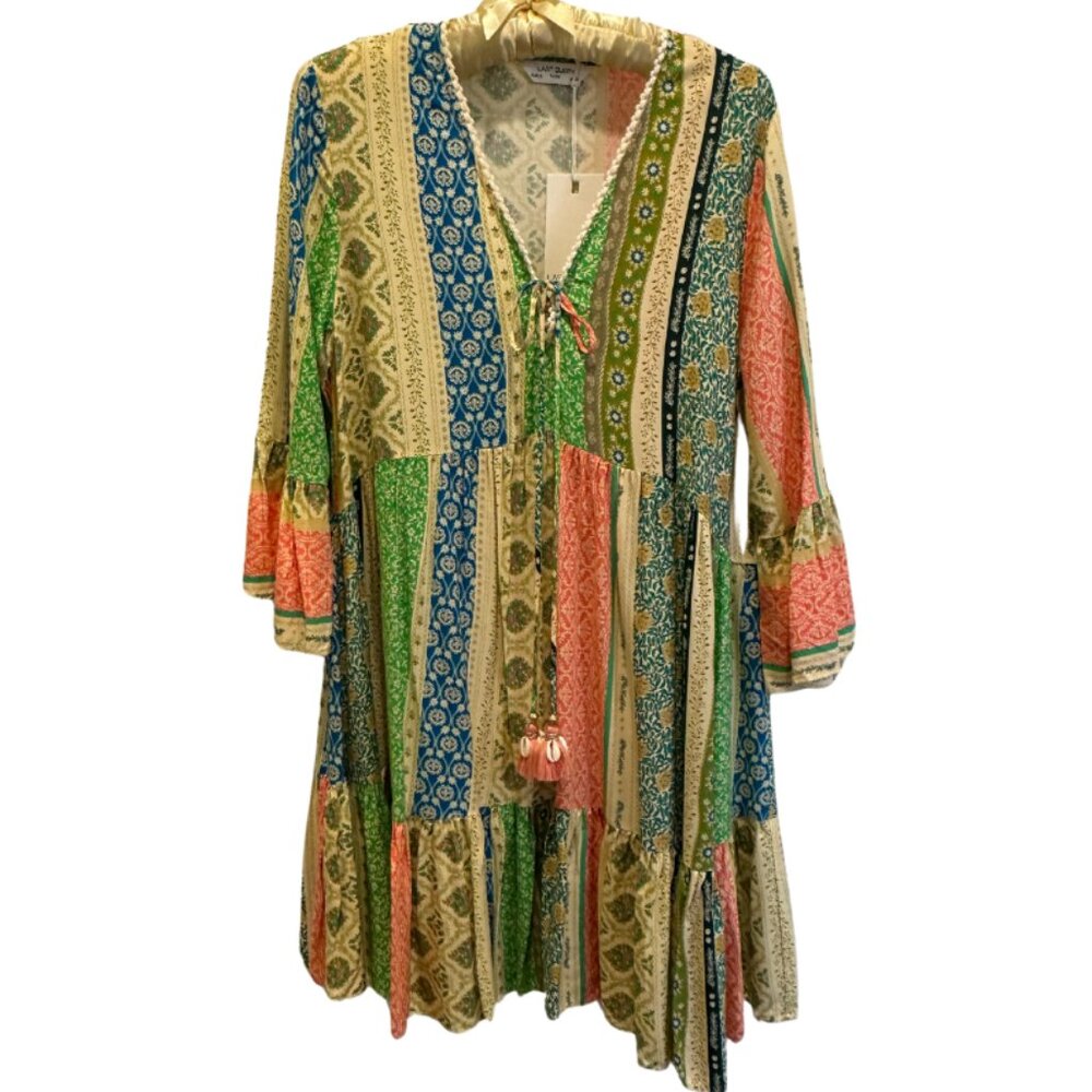 Last Queen Green Boho floral Patchwork Mini Dress Size Small NWT